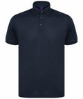 A Henbury HB465 short-sleeve polo shirt in plain black, featuring a collar and three buttons, displayed against a white background.