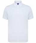 The HB465 by Henbury is a plain white polo shirt featuring short sleeves and a collared, button-up design at the top. Made from lightweight fabric, it is perfect for both casual and semi-formal occasions.