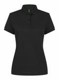 The Henbury HB466 is a plain black, short-sleeved polo shirt featuring a collar and three buttons.