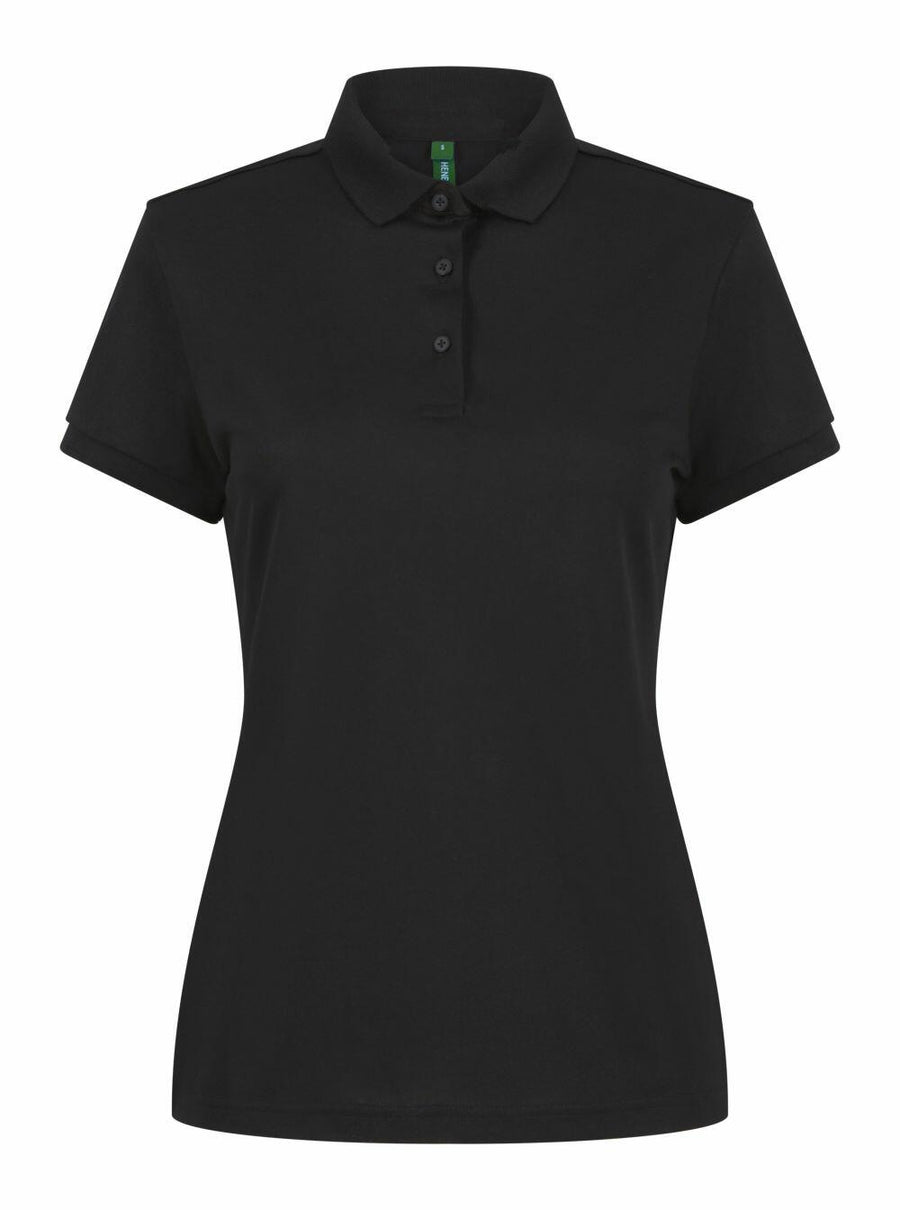 The Henbury HB466 is a plain black, short-sleeved polo shirt featuring a collar and three buttons.