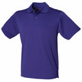 The Henbury HB475 is a simple, short-sleeved, dark blue polo shirt featuring a folded collar and a two-button placket.