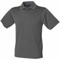 The HB475 by Henbury is a plain gray polo shirt featuring short sleeves and a collar, set against a white background. It is designed with a three-button placket and offers a relaxed fit, perfect for casual or business casual wear.