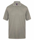 The HB475 by Henbury is a gray polo shirt featuring short sleeves, a collar, and three buttons near the neckline. It is showcased against a plain white background.