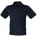 The HB475, a black polo shirt by Henbury, features short sleeves and a collar. It is displayed against a white background with a buttoned placket featuring two visible buttons.