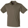 The Henbury HB475 is a plain polo shirt in olive green, with short sleeves and a three-button collar, crafted from cotton fabric.