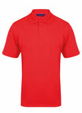 A plain red HB475 polo shirt from Henbury, with short sleeves, a collar, and three buttons on the placket, is displayed against a white background.