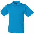 The Henbury HB475 is showcased against a white background, highlighting its bright blue short-sleeve design with a classic collar and three-button placket. The shirt is neatly folded and positioned facing forward.