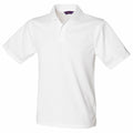 The HB475, a plain white short-sleeve polo shirt by Henbury, is displayed against a white background. Featuring a collar and three-button placket, the shirt appears clean and crisp, crafted from lightweight material.