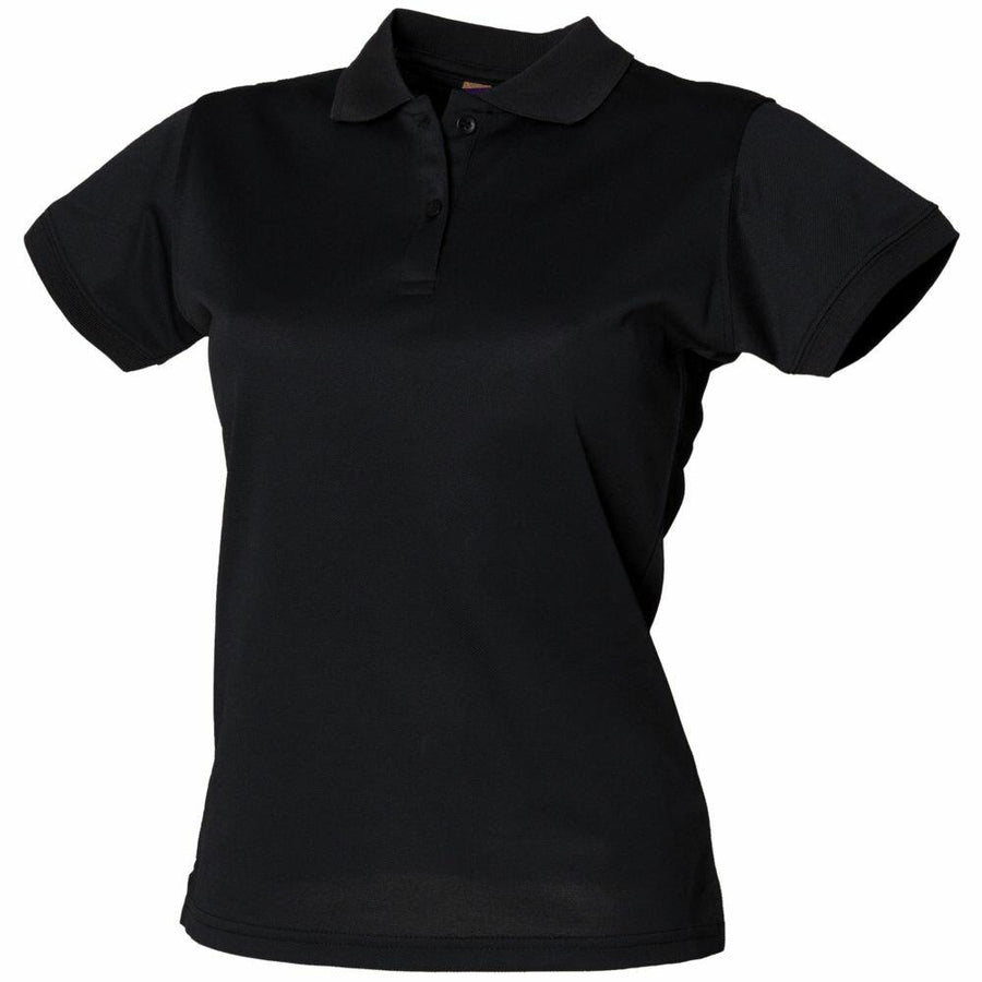The HB476 by Henbury is a plain black short-sleeve polo shirt set against a white background.