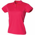 A vibrant red, short-sleeved polo shirt (Model HB476 by Henbury) is showcased against a white backdrop. The shirt includes a classic collar and a three-button placket.