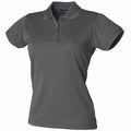 A short-sleeved Henbury HB476 polo shirt in dark gray, featuring a collar and three buttons near the neckline, displayed against a white background.