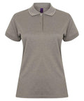 Henbury's HB476 short-sleeve polo shirt is gray, featuring a front button placket and a fold-over collar, showcased against a white background.