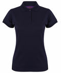 A Henbury HB476 polo shirt in plain navy blue, featuring short sleeves and a buttoned collar, displayed against a white background.