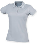 A light gray women's polo shirt by Henbury, model HB476, featuring short sleeves, a collar, and a three-button placket, displayed on a white background.