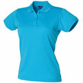 The bright blue women's HB476 polo shirt by Henbury features short sleeves and a collar, displayed against a white background. This shirt boasts a clean, classic design with three buttons on the front.