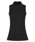 A fitted, sleeveless black collared polo shirt with a four-button placket and slightly flared cut, shown on a plain white background.