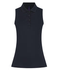 The Polos shirt is a sleeveless black collared polo with a front button placket, shown against a plain white background.