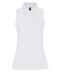 A sleeveless white polo shirt with a collar and four front buttons, shown on a plain white background.
