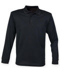 The Henbury HB478 black long-sleeve polo shirt, featuring a collar and buttoned placket, is displayed against a white background.