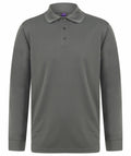 An HB478 long-sleeved polo shirt from Henbury, featuring a collar and three buttons, is displayed against a white background.