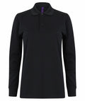 Introducing the Henbury HB478, a classic dark green long-sleeved polo shirt featuring a collar and three front buttons. This timeless piece is set against a plain white background.