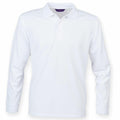 A plain white long-sleeve HB478 polo shirt by Henbury, featuring a collar and three buttons at the top, is displayed on a plain white background.