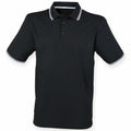 The HB482 by Henbury is a plain black polo shirt featuring a collar, three buttons, and short sleeves, with white trim on the collar and sleeve cuffs.
