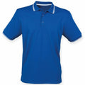 The Henbury HB482 is displayed against a white background, showcasing a blue polo shirt with a white-striped collar and sleeve edges. It includes a buttoned placket featuring two buttons.
