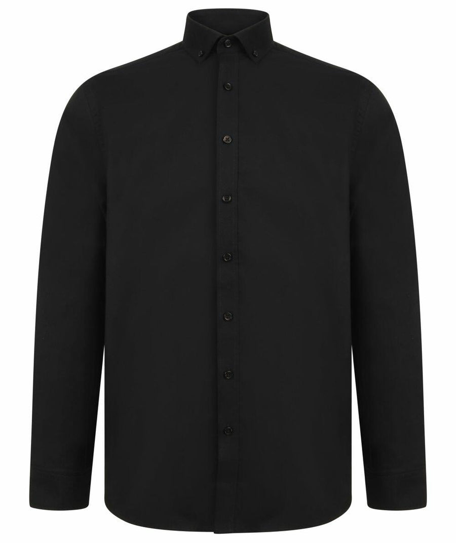 Henbury's HB512 black long-sleeve button-up shirt with a collar, shown against a white background.