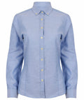 Henbury's HB513 is a blue button-up shirt featuring long sleeves and a pointed collar, displayed on a white background.