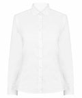 Henbury's HB513 is a plain white button-up shirt featuring long sleeves and a pointed collar, displayed on a white background.