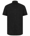 The Henbury HB517, a plain black short-sleeve button-up shirt, is displayed on a white background.