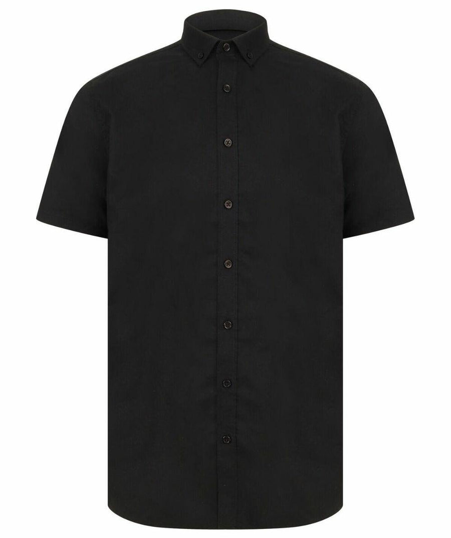 The Henbury HB517, a plain black short-sleeve button-up shirt, is displayed on a white background.