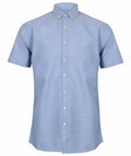A light blue, short-sleeved shirt from Henbury, featuring a pointed collar and button-up design, showcased against a white background. The product model is HB517.