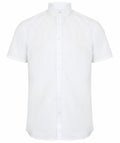 The HB517 by Henbury is a white short-sleeve button-up shirt featuring a pointed collar, showcased against a plain background.