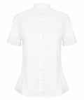 Henbury's HB518 is a white short-sleeved button-up shirt featuring a classic collar, showcased against a plain backdrop.