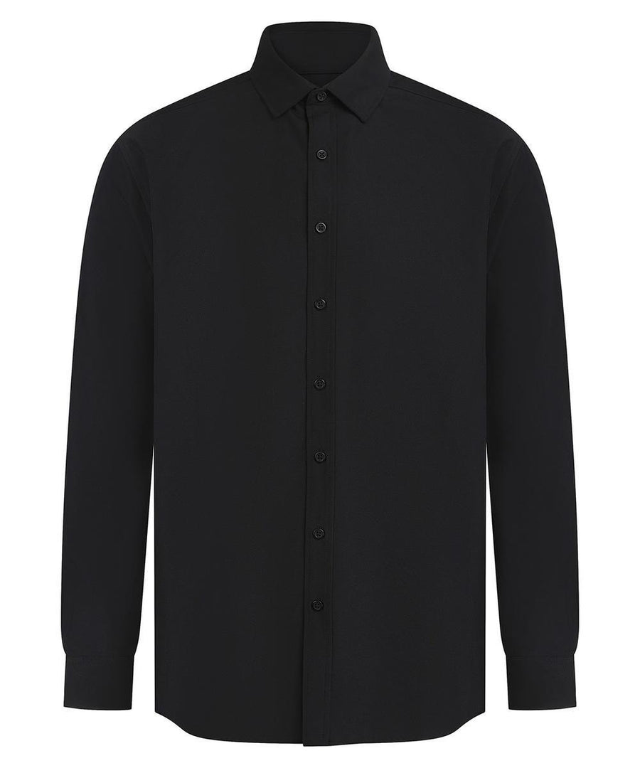A black long-sleeve button-up shirt called "Shirts" with a classic collar and plain design, displayed against a white background.