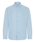 The Shirts product is displayed on a white background, featuring a plain light blue colour, long sleeves, classic collar, button front, and buttoned cuffs.