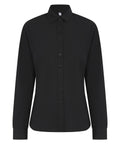 A fitted, long-sleeve black button-up shirt with a collar from Shirts, made of smooth fabric and displayed on a white background.
