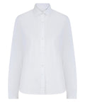A plain white long-sleeve shirt with a pointed collar and buttoned cuffs, featuring no visible logos or patterns, photographed against a white background.