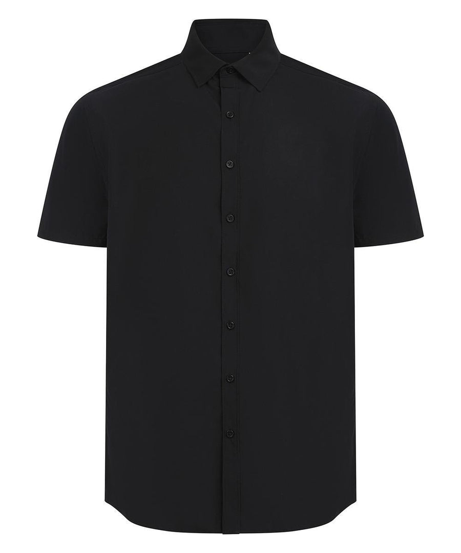 The Shirts product is a plain black, short-sleeve, button-up shirt with a collar and classic fit, shown on a white background with no visible patterns or embellishments.