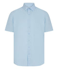 The Shirts product is a light blue, short-sleeve button-up displayed on a white background, featuring a pointed collar and seven matching front buttons.