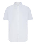 The Shirts product is a white, short-sleeved button-up with a classic collar and full front placket, displayed against a plain white background. It features no patterns or logos for a clean, timeless look.