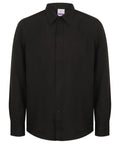 The Henbury HB590 is a long-sleeved black button-up shirt featuring a collar and a chest pocket.