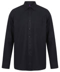 A Henbury HB590 black button-up shirt with long sleeves and a front pocket.