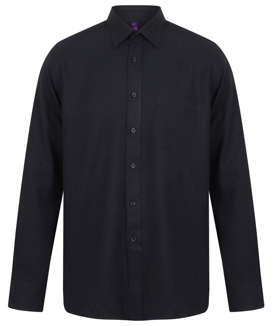 A Henbury HB590 black button-up shirt with long sleeves and a front pocket.