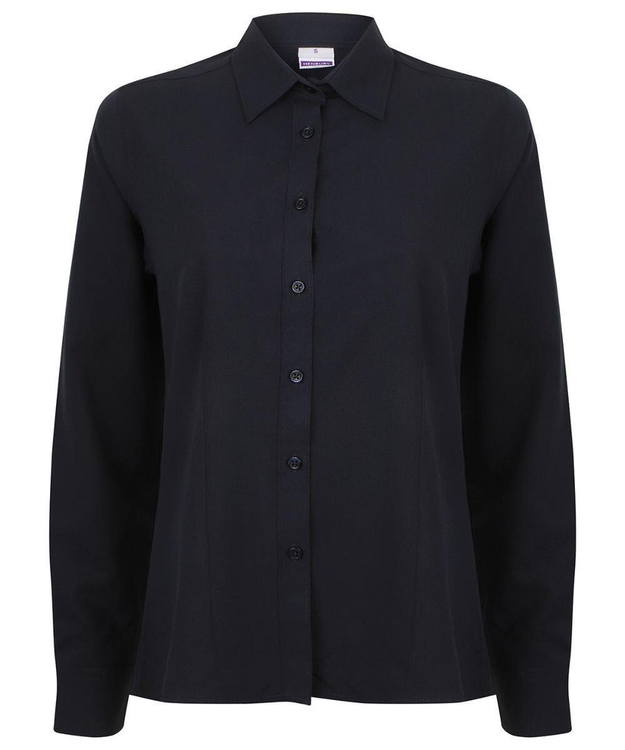 A Henbury HB591 black long-sleeved button-up shirt with a collar.