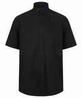 Henbury HB595 short-sleeve button-up shirt in black with a front pocket and a button-down collar.