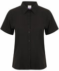 The Henbury HB596 black short-sleeve shirt, featuring a button-up design and a pointed collar, is showcased against a white background.