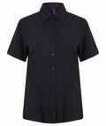 Product Name: HB596 by Henbury - A black button-up shirt featuring short sleeves and a collar, displayed against a plain white background.